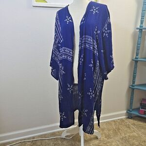Stoosh Long Open Duster Cover Up Tunic Cardigan 2X Blue w White Pattern Boho USA